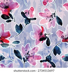 Patrón de acuarela sin fisuras de alta calidad con flores artísticas de color rosa y magenta con follaje azul profundo. El diseño se destaca por delicados contornos blancos y se coloca sobre un fondo de lavado púrpura suave. Esta elegante ilustración botánica es perfecta para textiles románticos, ropa de moda femenina, Fondo de pantalla elegante y papelería digital creativa.