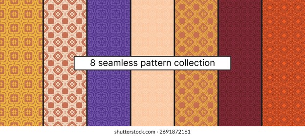 High-quality set of 8 seamless geometric patterns in a retro modern style. Perfect for use in textile design, packaging, wallpapers, branding, stationery, and digital backgrounds.