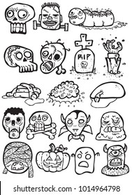 High-Quality Set Of Creepy Halloween / Freakshow / Zombie Related Stickers. Hand Drawn Doodles. Vector, Grouped, Ready To Use!