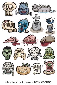 High-Quality Set Of Creepy Halloween / Freakshow / Zombie Related Stickers. Hand Drawn Doodles. Fully Colored Vector, Grouped, Ready To Use!