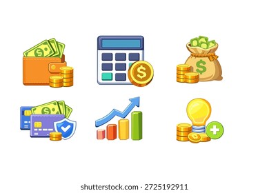 A high-quality set of financial icons featuring a wallet with cash, calculator with coins, secure credit cards, growth bar chart, money bag, and a creative bulb for investment ideas. Perfect for fintech apps, banking websites, and personal finance infographics.