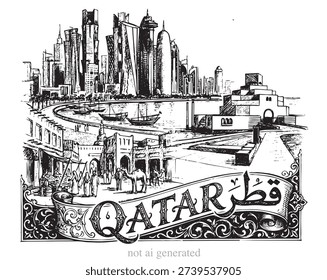 A high-quality set of hand-drawn ink sketches capturing the stunning contrast of Doha, Qatar. These illustrations feature the iconic West Bay skyline (including the Burj Doha and Tornado Tower) rising above the Persian Gulf. The scenes include traditional Dhow boats, the Museum of Islamic Art, and a bustling marketplace with figures and camels. One version features a beautiful, ornate decorative banner with 