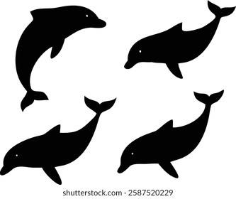 High-Quality Silhouette Dolphin Illustrations - Set of Four Unique Dolphin Silhouettes.