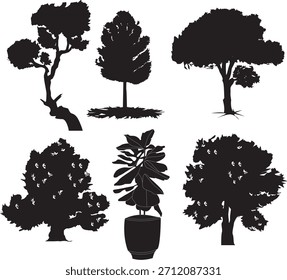 Conjunto de siluetas de alta calidad con árboles al aire libre y macetas de plantas interiores. Ideal para diseño de paisajes, proyectos de naturaleza y obras de arte botánicas.