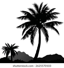 High-Quality Silhouette of Two Palm Trees on White Background. Ideal for Tropical, Beach-Themed, Exotic Paradise, and Nature-Inspired Designs and Prints.