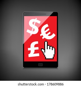 High-quality smartphone screen with the Euro, Dollar and Pound symbol. Economy concept.