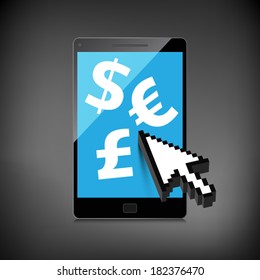 High-quality smartphone screen with the Euro, Dollar and Pound symbol. Economy concept.