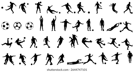 Conjunto de vetor da silhueta do jogador de futebol de alta qualidade - Contornos detalhados do atleta do futebol em postes de ação - Ícones de esportes dinâmicos para projetos de design, impressão, logotipo e ilustração do jogo