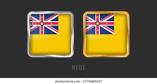 High-quality square gold and silver framed Niue flag labels. Premium manufacturing origin and product certification emblems for local Niue products and exports.