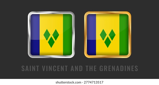High-quality square gold and silver framed flag labels of Saint Vincent and the Grenadines. Premium icons for Vincentian products, origin certification, and manufacturing exports.