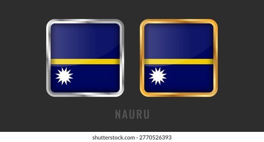High-quality square gold and silver labels featuring the flag of Nauru. Professional metallic icons for Nauruan products, exports, and manufacturing origin certification.