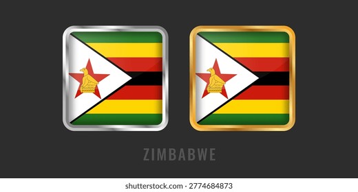 High-quality square gold and silver labels with the flag of Zimbabwe. Premium Zimbabwean emblems for local products, exports, and manufacturing origin certification.