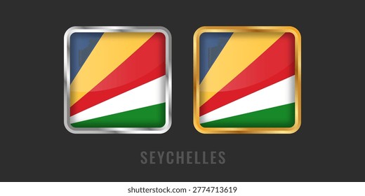High-quality square gold and silver labels featuring the flag of Seychelles. Premium metallic icons for Seychellois products, exports, and manufacturing origin certification.