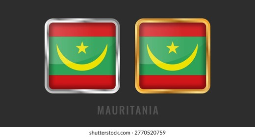High-quality square gold and silver metallic labels with the Mauritania flag. Premium icons for Mauritanian products, exports, and manufacturing origin.