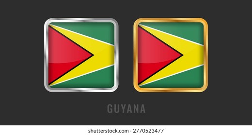 High-quality square gold and silver metallic labels with the flag of Guyana. Premium emblems for Guyanese products, manufacturing origin, and South American pride