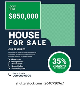 High-quality square real estate post template for social media use. Great for promoting house listings, discounts, and agent branding. Features price highlight, contact section, and key features.