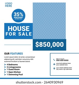 High-quality square real estate post template for social media use. Great for promoting house listings, discounts, and agent branding. Features price highlight, contact section, and key features.