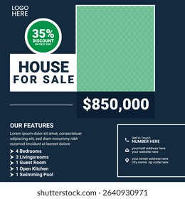 High-quality square real estate post template for social media use. Great for promoting house listings, discounts, and agent branding. Features price highlight, contact section, and key features.