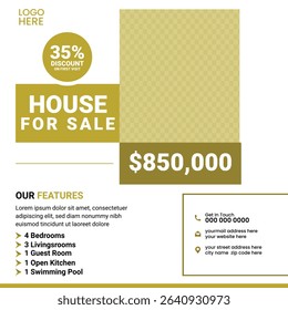 High-quality square real estate post template for social media use. Great for promoting house listings, discounts, and agent branding. Features price highlight, contact section, and key features.