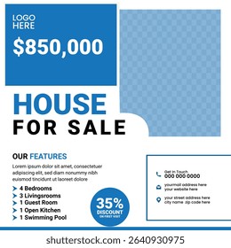 High-quality square real estate post template for social media use. Great for promoting house listings, discounts, and agent branding. Features price highlight, contact section, and key features.