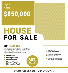 High-quality square real estate post template for social media use. Great for promoting house listings, discounts, and agent branding. Features price highlight, contact section, and key features.