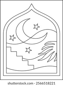 High-Quality Stained Glass Moon Vector. Coloring Page For Kids.