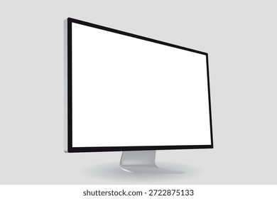 Una Imagen de gran calidad con un monitor de sobremesa limpio y minimalista con una pantalla negra, sobre un fondo blanco. El diseño elegante y moderno del monitor lo hace adecuado para mostrar contenido relacionado con la tecnología