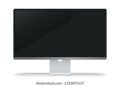 Una Imagen de gran calidad con un monitor de sobremesa limpio y minimalista con una pantalla negra, sobre un fondo blanco. El diseño elegante y moderno del monitor lo hace adecuado para mostrar contenido relacionado con la tecnología