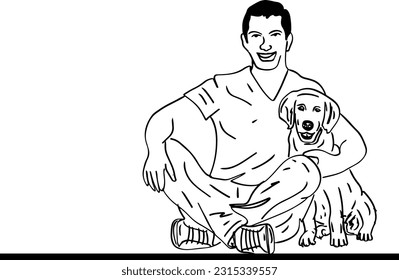 High-quality stock vector Sketch drawing of pet lover holding dog in sitting pose, Pet owner with their sitting dog in sketch style