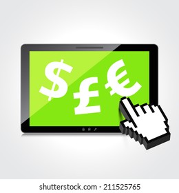 High-quality tablet screen with the Euro, Dollar and Pound symbol. Economy concept.
