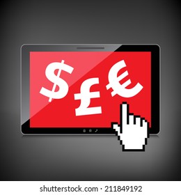 High-quality tablet screen with the Euro, Dollar and Pound symbol. Economy concept.