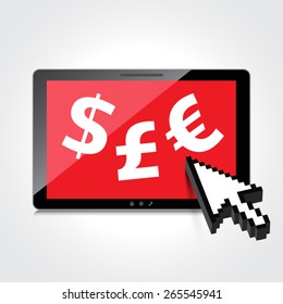 High-quality tablet screen with the Euro, Dollar and Pound symbol. Economy concept.