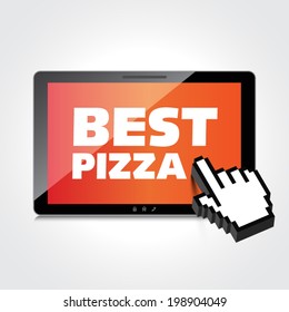 High-quality tablet screen with the label Best Pizza. Special offer. Marketing concept.