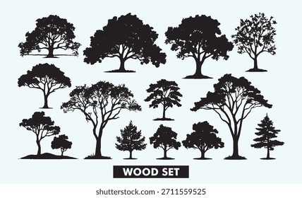 High-quality tree silhouette set for nature projects, branding, posters, eco-design, landscapes and educational materials.	