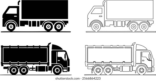 High-Quality Truck Silhouette and Line Art Vector Illustrations for Automotive Design Projects and Print Use.