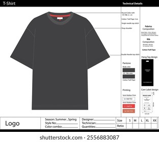 "High-quality T-shirt tech pack design, featuring detailed measurements, stitching guidelines, and specifications. Perfect for fashion designers, apparel manufacturers, and clothing businesses."