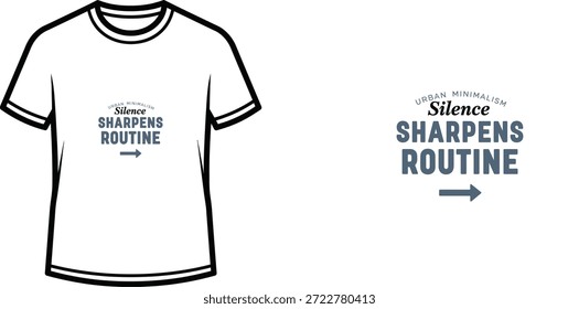 Diseño de camiseta de tipografía de alta calidad con la cita "SILENCE SHARPENS ROUTINE" en un estilo minimalista, Arte vectorial profesional aislado sobre un fondo transparente.