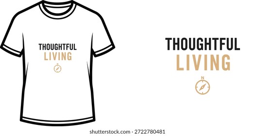 Diseño de camiseta de tipografía de alta calidad con la cita THOUGHTFUL LIVING en un estilo minimalista, Arte vectorial profesional aislado sobre un fondo transparente.