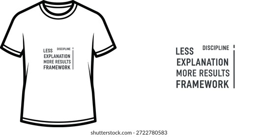 Un diseño de camiseta de tipografía de alta calidad con la cita "MENOS DISCIPLINA EXPLICACIÓN MÁS MARCO DE RESULTADOS" en un estilo minimalista, moderno, tipográfico, Arte vectorial profesional aislado sobre un fondo transparente.