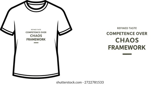 Un diseño de camiseta de tipografía de alta calidad con la cita "COMPETENCIA DE GUSTO REFINADO SOBRE EL MARCO DEL CAOS" en un estilo minimalista, Arte vectorial profesional aislado sobre un fondo transparente.