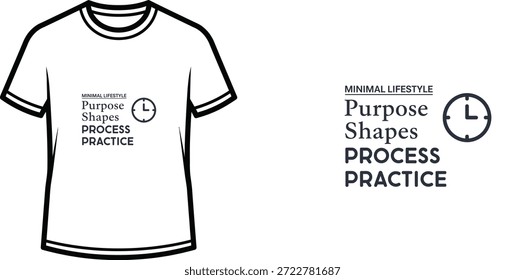 Diseño de camiseta de tipografía de alta calidad con la cita MINIMAL LIFESTYLE Formas de propósito PRÁCTICA DE PROCESO en un estilo minimalista, Arte vectorial profesional aislado sobre un fondo transparente.