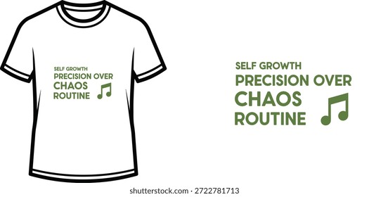 Diseño de camiseta de tipografía de alta calidad con la cita AUTOCRECIMIENTO PRECISIÓN SOBRE LA RUTINA DEL CAOS en un estilo minimalista, Arte vectorial profesional aislado sobre un fondo transparente.