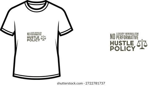 High-quality typography t-shirt design featuring the quote "LUXURY MINIMALISM NO PERFORMATIVE HUSTLE POLICY" in a modern minimalist style, professional vector art isolated on a transparent background.