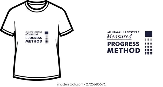 High-quality typography t-shirt design featuring the quote MINIMAL LIFESTYLE Measured PROGRESS METHOD in a minimalist style, professional vector art isolated on a transparent background.