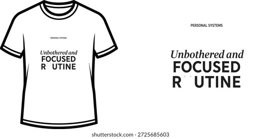High-quality typography t-shirt design featuring the quote Unbothered and FOCUSED R UTINE in a Minimalist style, professional vector art isolated on a transparent background.