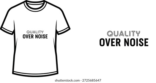 Ein hochwertiges Typografie-T-Shirt-Design mit dem Zitat "QUALITY OVER NOISE" in einer minimalistischen Grafik mit modernem Typografie-Stil, professionelle Vektorkunst einzeln auf transparentem Hintergrund.