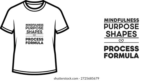 A high-quality typography t-shirt design featuring the quote "MINDFULNESS PURPOSE SHAPES PROCESS FORMULA" in a Modern, minimalist style, professional vector art isolated on a transparent background.