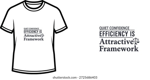Ein hochwertiges Typografie-T-Shirt-Design mit dem Zitat "QUIET CONFIDENCE EFFICIENCY IS Attractive Framework" in einem sauberen, modernen, serifenlosen und serifenlosen, symbolischen Stil, professionelle Vektorkunst einzeln auf transparentem Hintergrund.