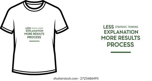 High-quality typography t-shirt design featuring the quote LESS STRATEGIC THINKING EXPLANATION MORE RESULTS PROCESS in a minimalist style, professional vector art isolated on a transparent background.