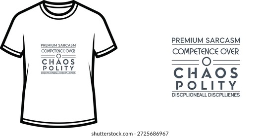 Ein hochwertiges Typografie-T-Shirt-Design mit dem Zitat "PREMIUM SARCASM COMPETENCE OVER CHAOS POLITY DISCPLIONEALL DISCPLIENES" in einem minimalistischen modernen typografischen Stil, professionelle Vektorkunst einzeln auf transparentem Hintergrund.